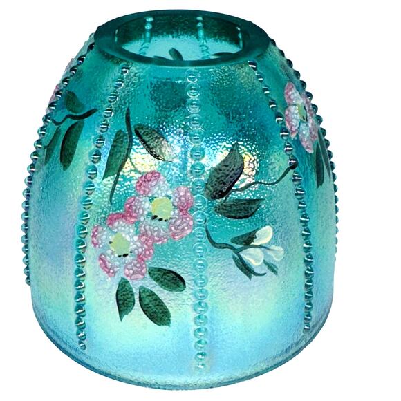 Fenton Hand Painted Signed Fairy Lamp Cover Iridescent Teal Aqua Green MINT COND - Picture 1 of 9